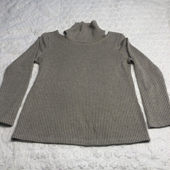 Clara Sun Woo Tan Knit Turtleneck Split Open Shoulder Neck Sweater Size S - Picture 10 of 11